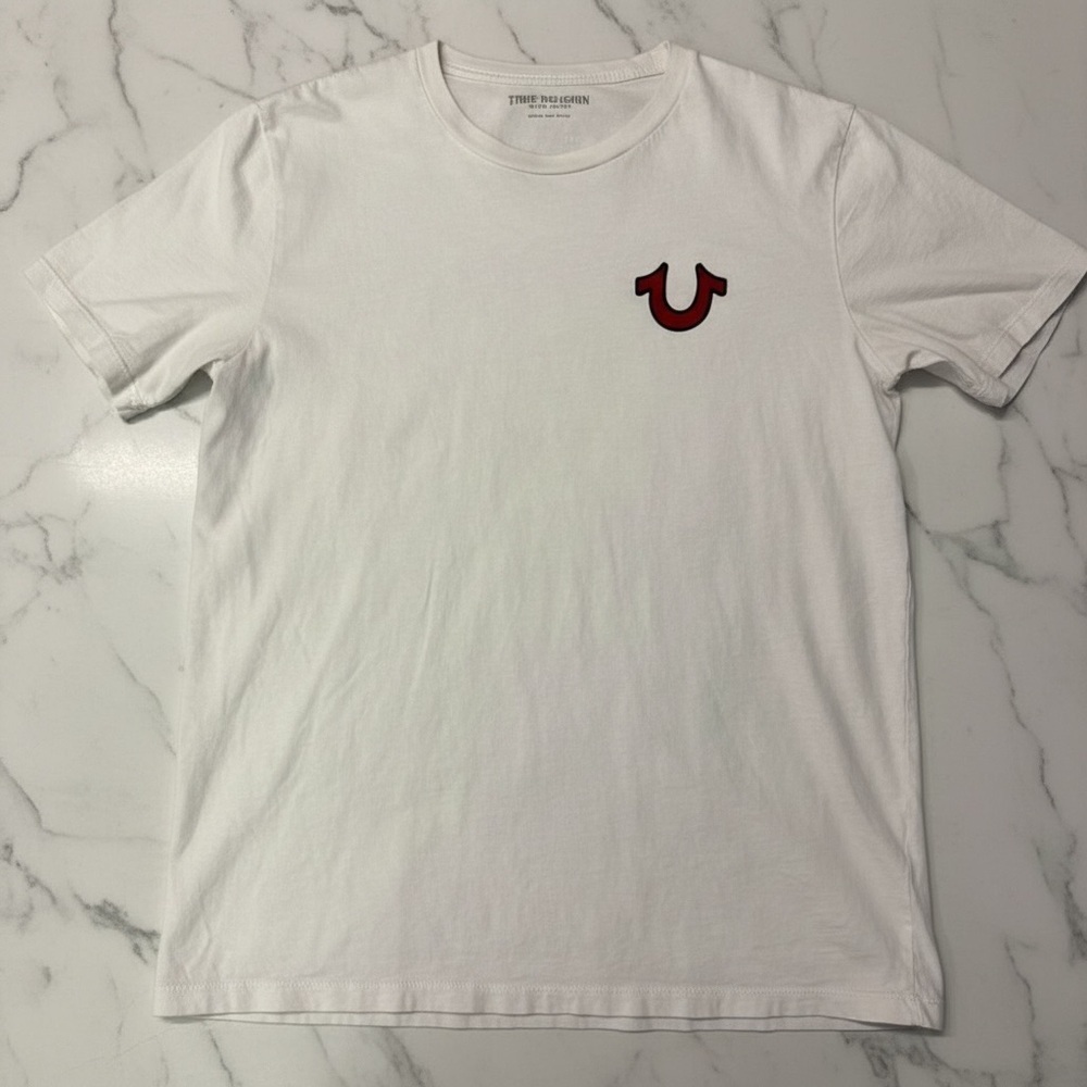 True Religion Cream Tee with Red Emblem